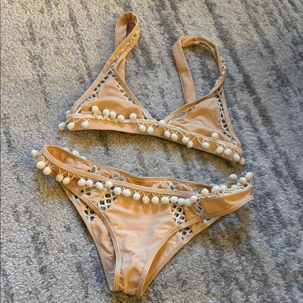 Tan Bikini with Pom Pom Trim